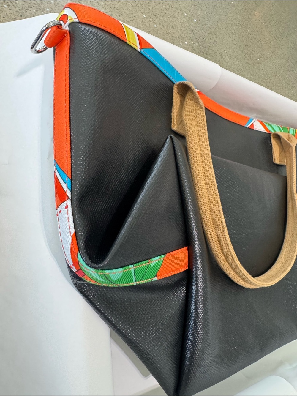‘26 Hermes Petit h Wax-Canvas Tote w/ Silk Print Ribbing & Contrast Top Handles - Picture 9 of 16